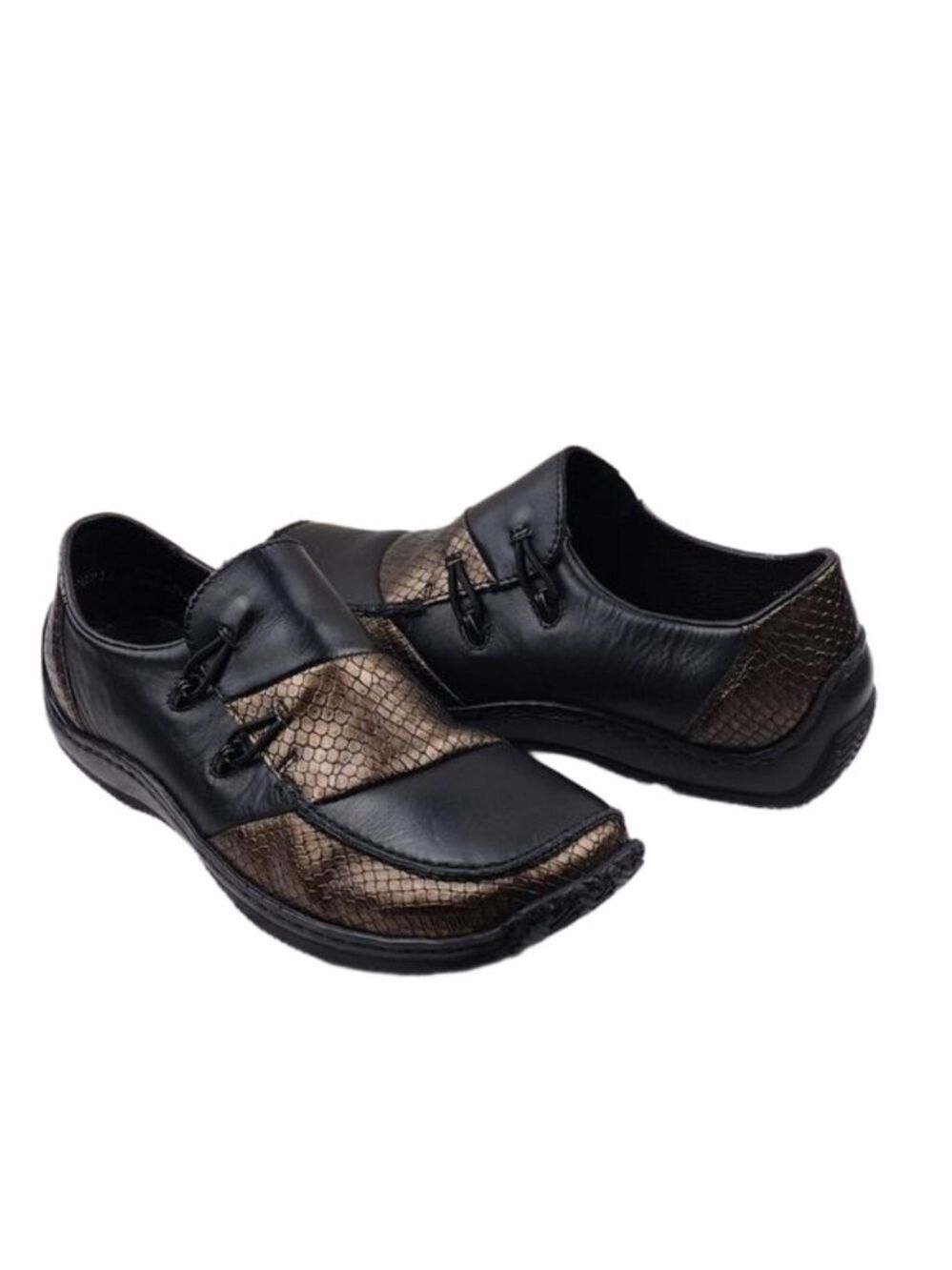 Rieker Antistress Celia Black Bronze Snakeskin Leather Square Toe Loafer Shoe